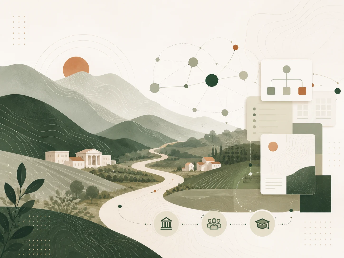 Ilustración conceptual de territorio, tecnología, documentación y comunidad